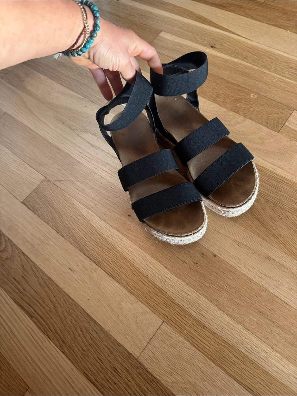 Black Elastic Strap Espadrille Wedge Sandals - Women